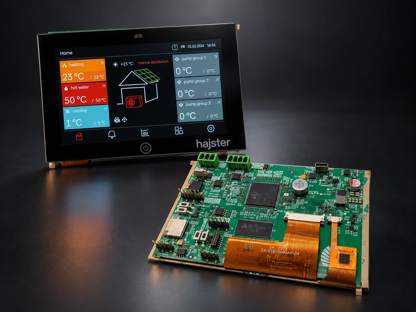 Heat pump touchscreen controller with custom GUI and STM32H7 control board